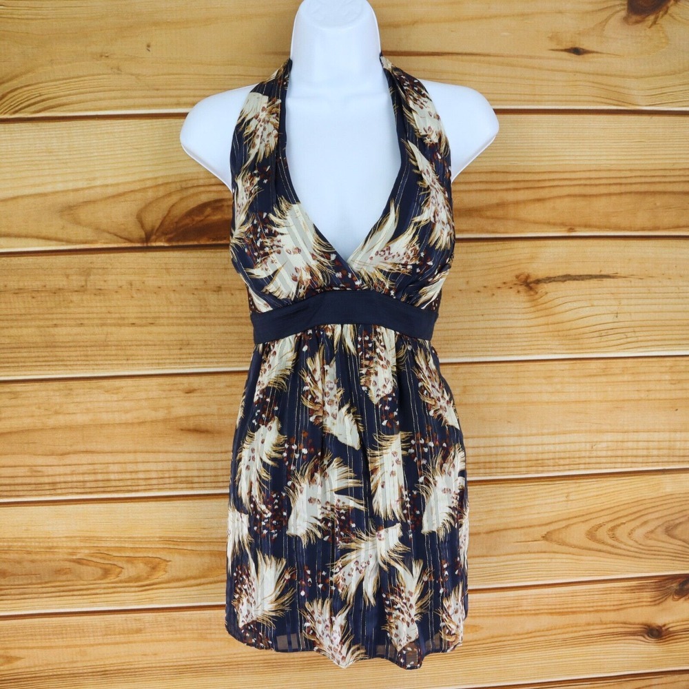 Laundry by‎ Shelli Segal Blouse Halter Neck Womens Sz M Multicolor Feathers Silk